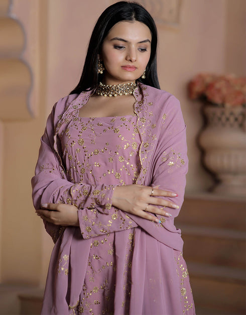 Traditional Function Wear Readymade Suit Collection Lavender Faux Georgette Sarara Suit Front View